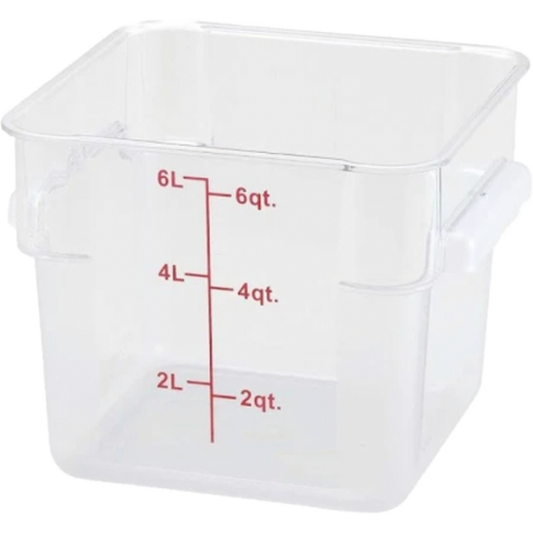 Winco 6 Qt. Clear Square Polycarbonate Food Storage Container with Red Graduations