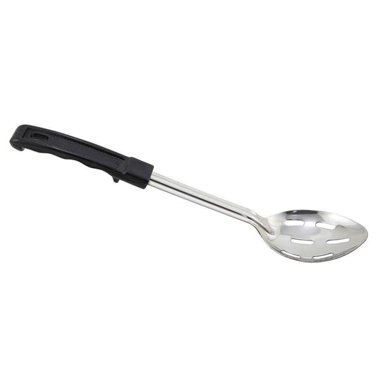 Basting Spoon, 13", slotted, stop hook, black polypropylene handle, 1.2mm thick, stainless - Richard's Supply Inc