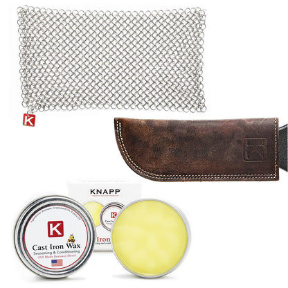 Cast Iron Bundle - 9” Scrubber, Wax, & Leather Handle