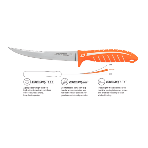 DEXTER Dual Edge 8" stiff fillet knife with sheath specs