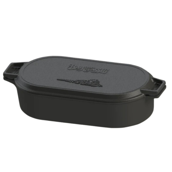 Pre-Seasoned Cast Iron Reversable Griddle, 28" with the lid closed.