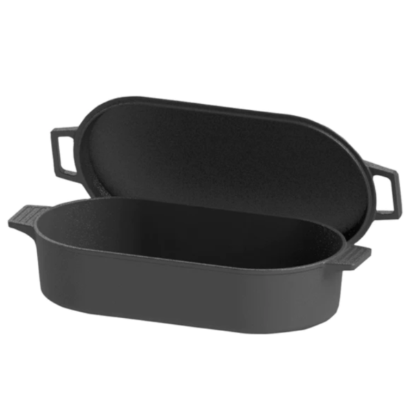 Pre-Seasoned Cast Iron Oval Fryer with Griddle Lid, 6 quart side view