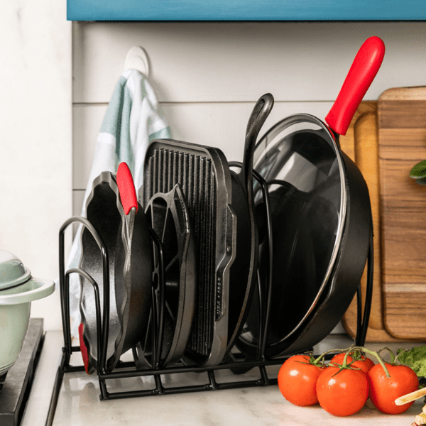 Cookware Organizer with cookwares on a kitchen shelf